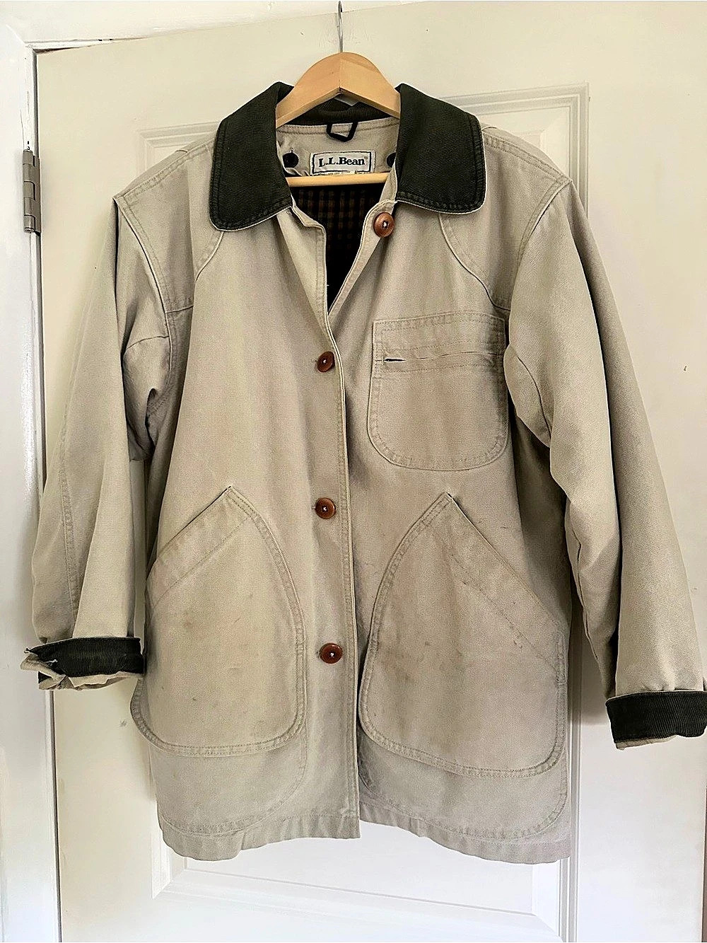 L.L.Bean Field Coat Plaid Lined Beige & Green
